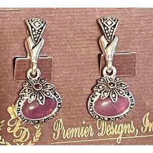 Premier Designs Purple Cab Floral Silver Tone Dangle Earrings Omega Back 1 1/4"